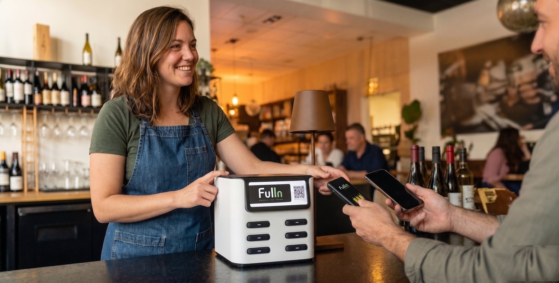 מלצרית במזנון עם עמדת FULLIN ולקוח טוען טלפון